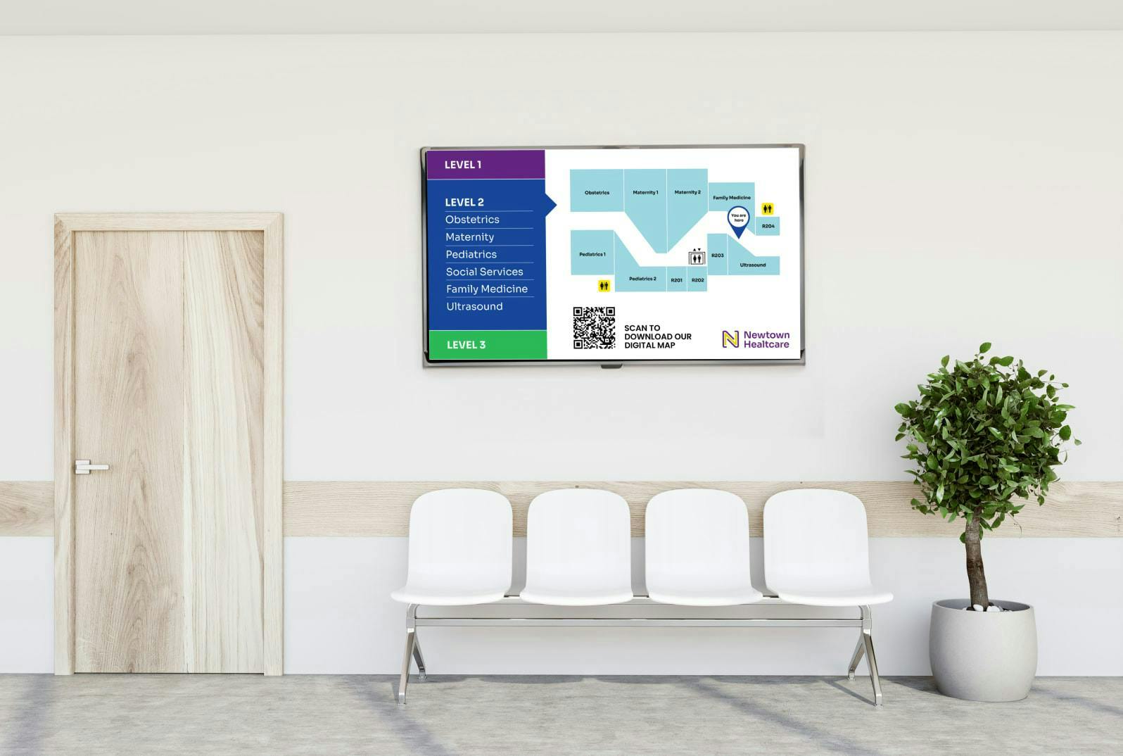 digital display with maps in a hospital waiting area