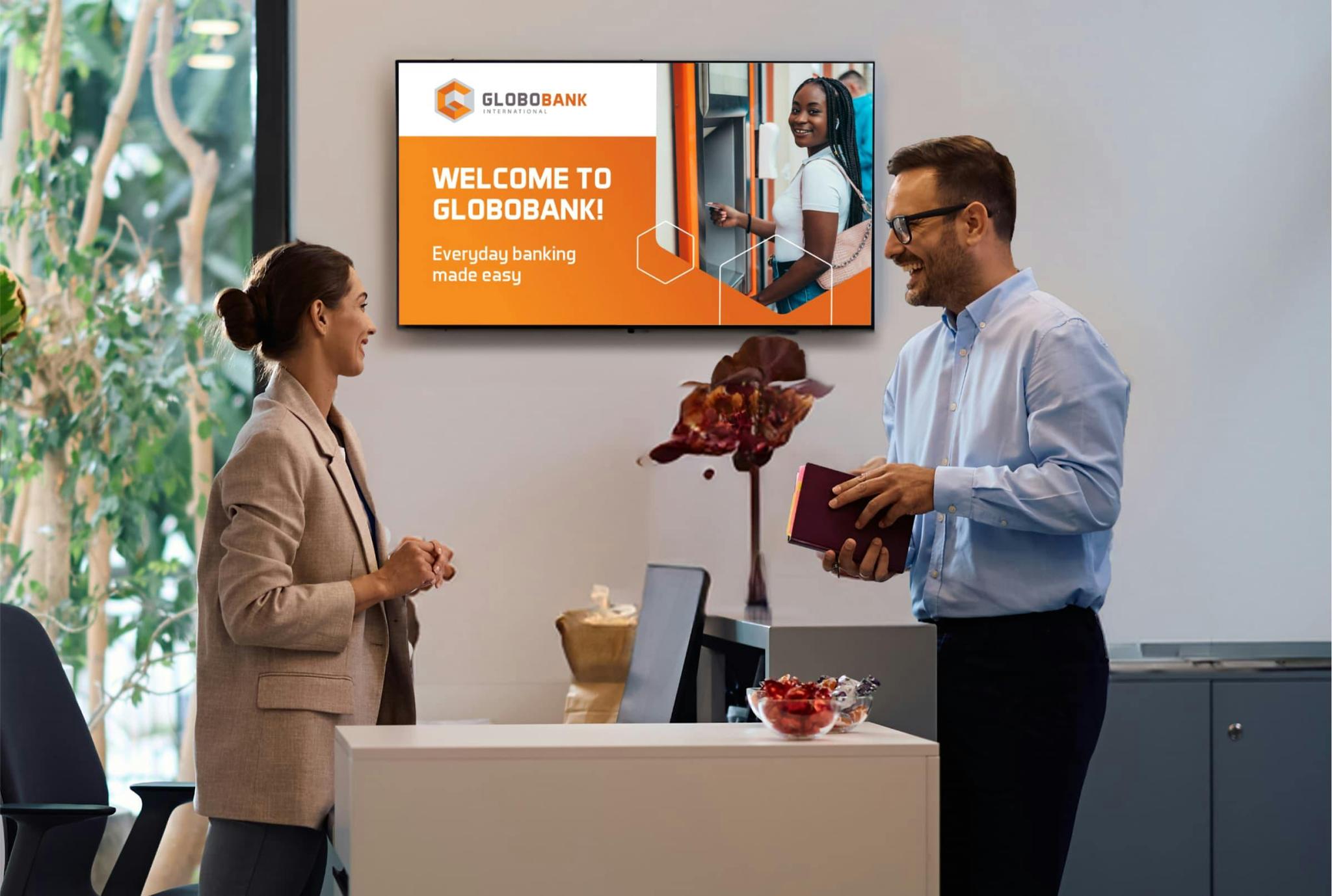 Digital signage as a welcome sign in a bank